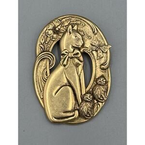 Vintage Gold Colored Kitty Cat W/ Kittens Flowers Butterfly‎ Brooch